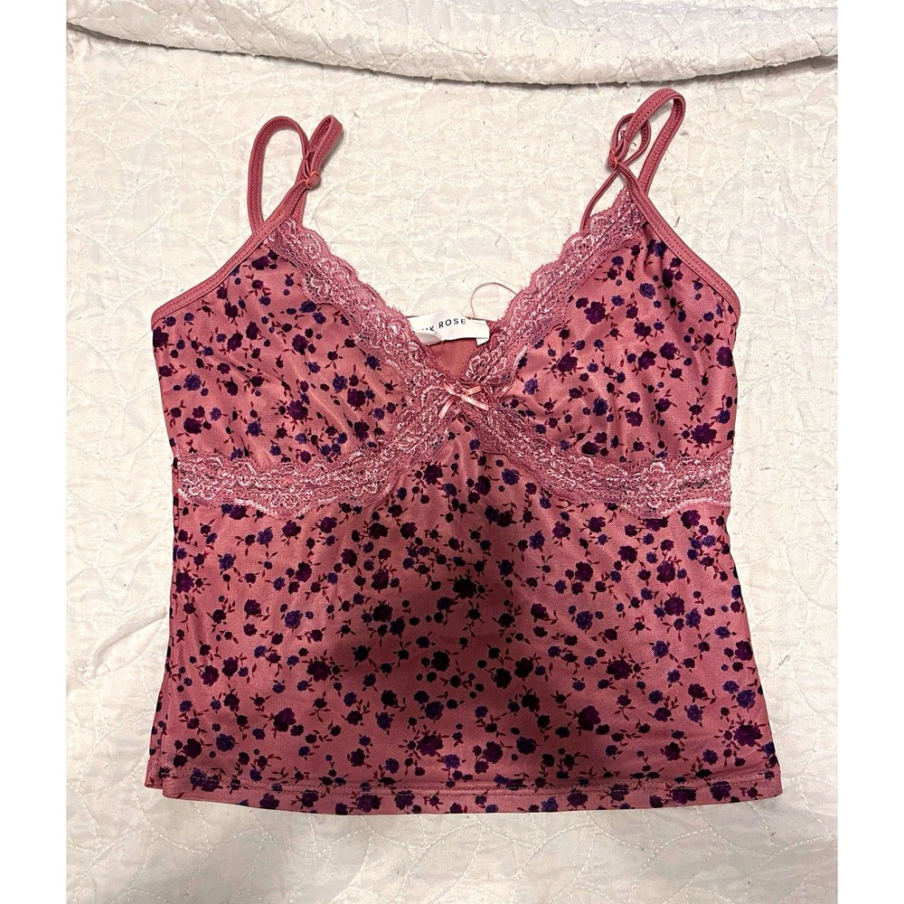 Y2K Coquette Lace Trim Mesh Cami Dusty Rose Ditsy Floral Bow Pink Rose M
